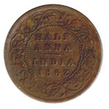 1/2 Anna (Queen Victoria, Mature Bust), Bronze Coin reverse