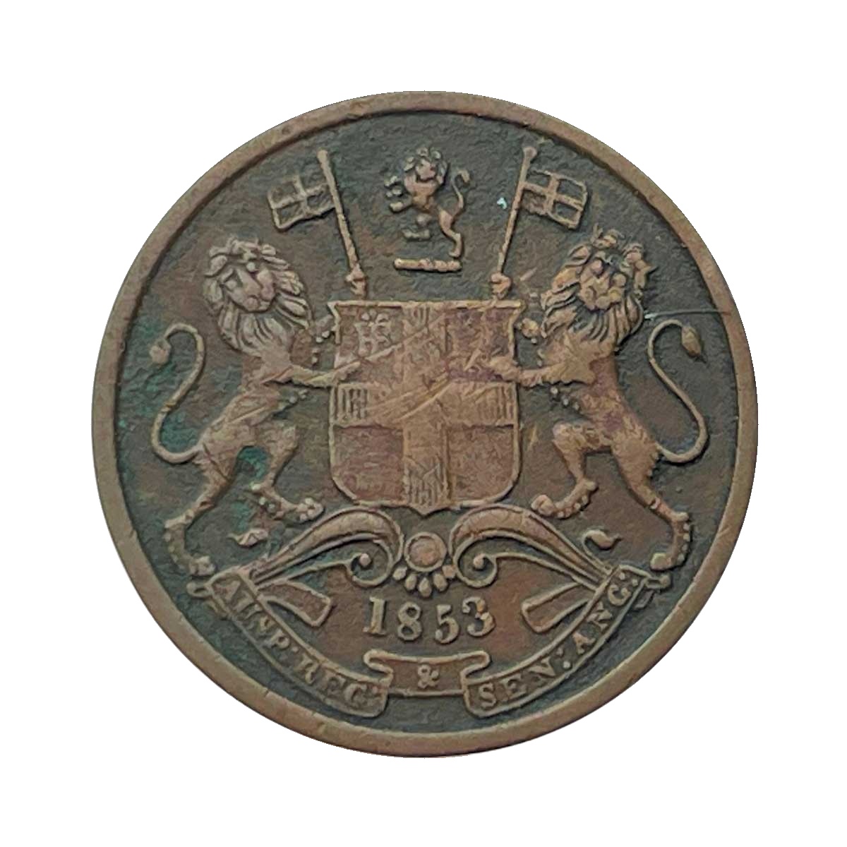 1/2 Pice East India Company 1853 Copper Coin, British India Uniform Coinage, Copper Coin obverse