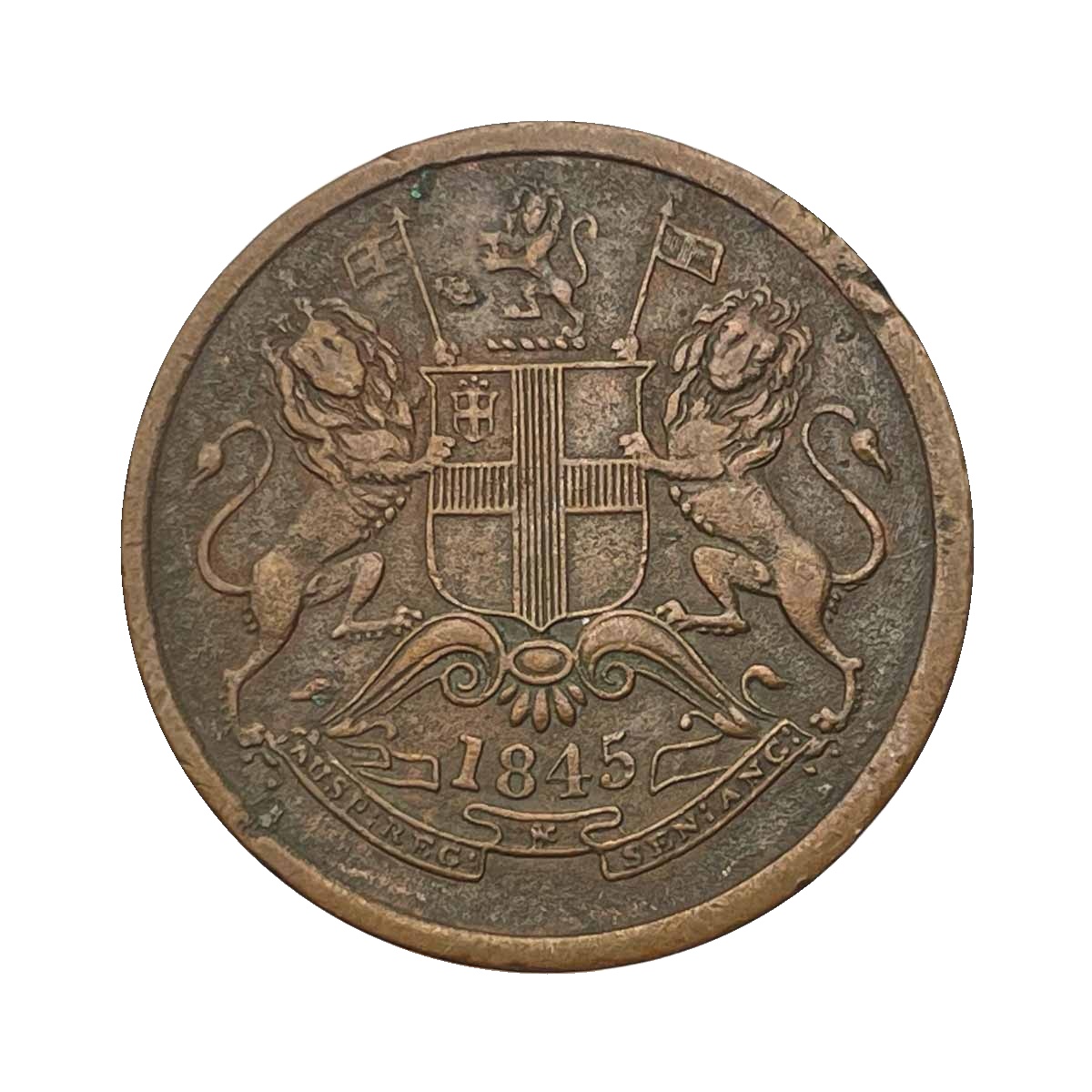 1/2 Anna East India Company 1845 Ce (Key Date) Copper Coin, British India Uniform Coinage, Copper Coin obverse