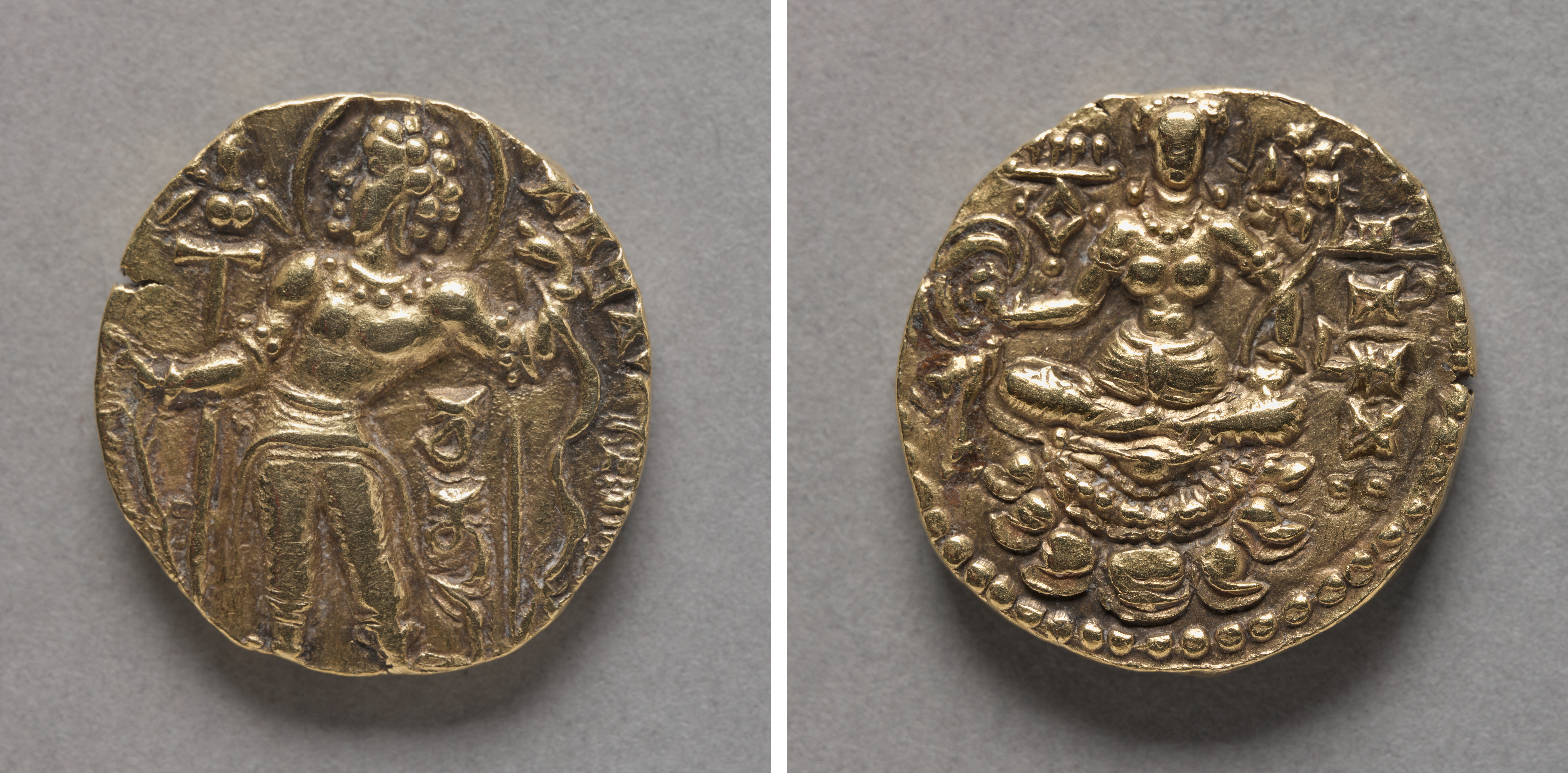 Gupta Empire Dinar showing the king in classical posture with Sanskrit Brahmi legends