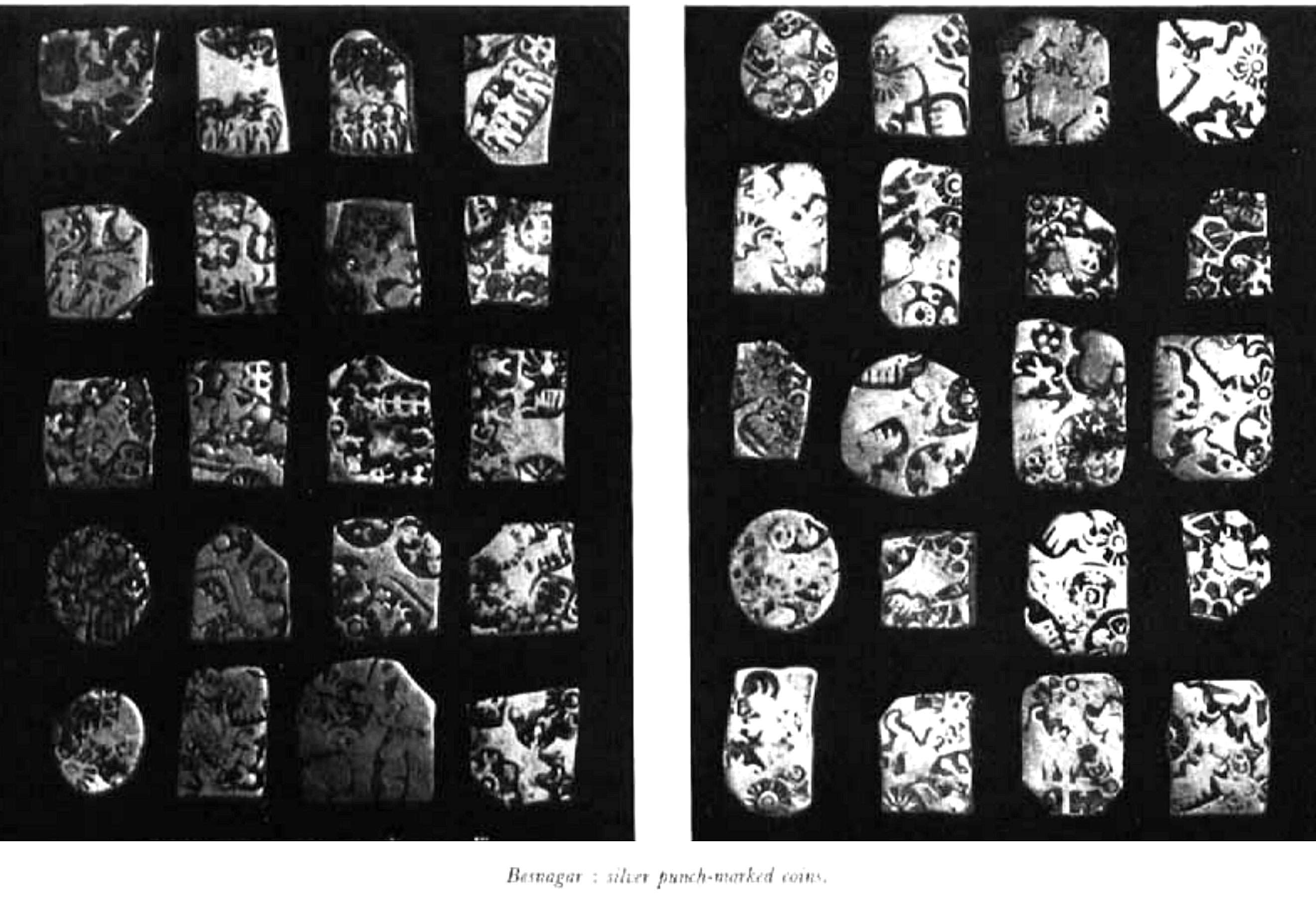 Ancient Indian punch-marked silver coins showing multiple punched geometric and animal symbols