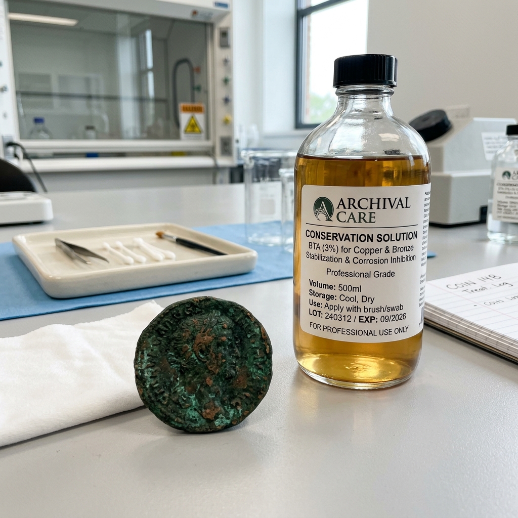 Close-up of a coin undergoing professional conservation in a clean laboratory setup