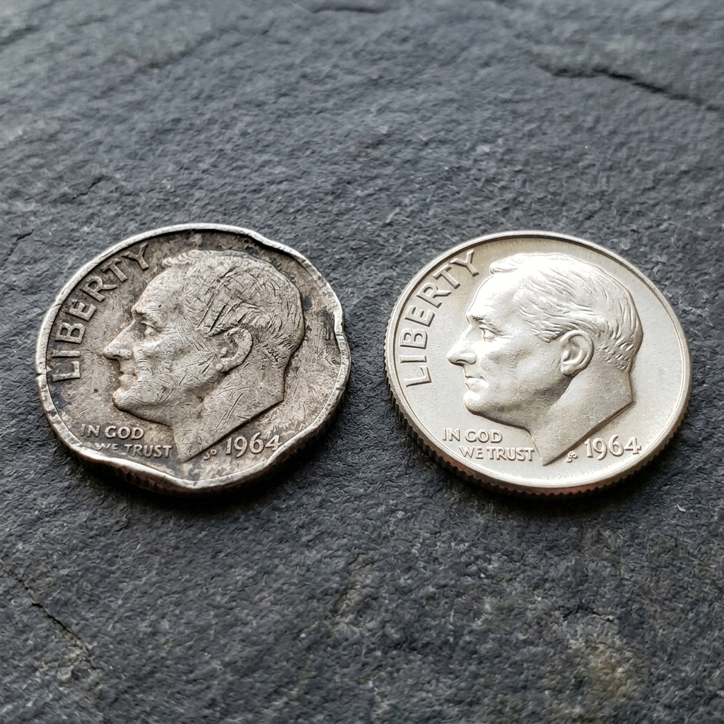 Comparison of damaged coin surfaces showing scratches and dents against genuine mint errors