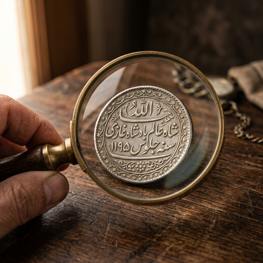 Macro photograph of an antique Indian silver coin being examined under a heavy magnifying glass