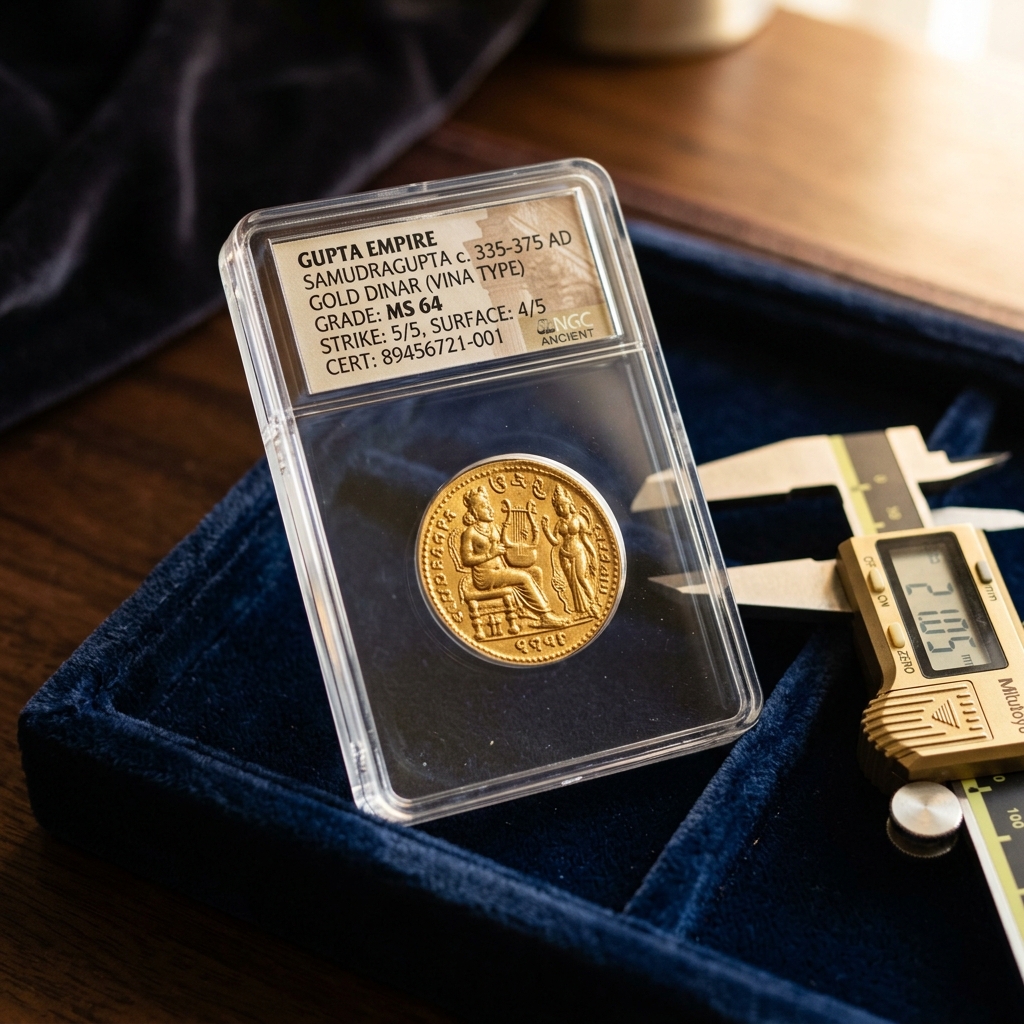 Pristine ancient Indian gold coin in a professional acrylic grading slab